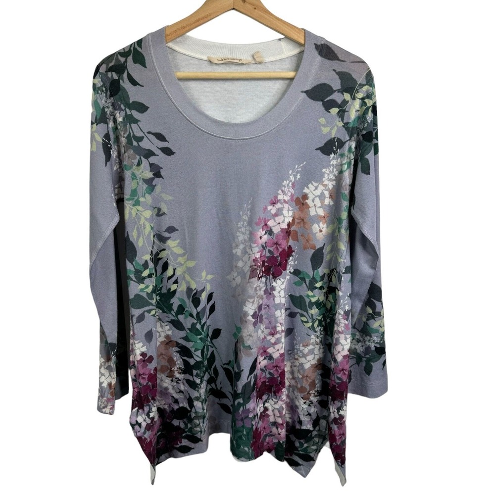 Soft Surroundings Tunic Sweater Small Purple floral print Long sleeve Round Neck